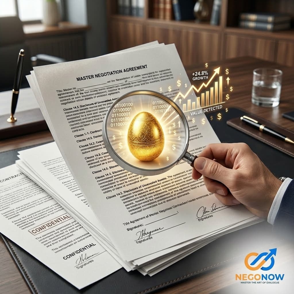 A hand holding a stylized magnifying glass over legal paper, revealing a glowing golden Easter egg hidden behind the document.