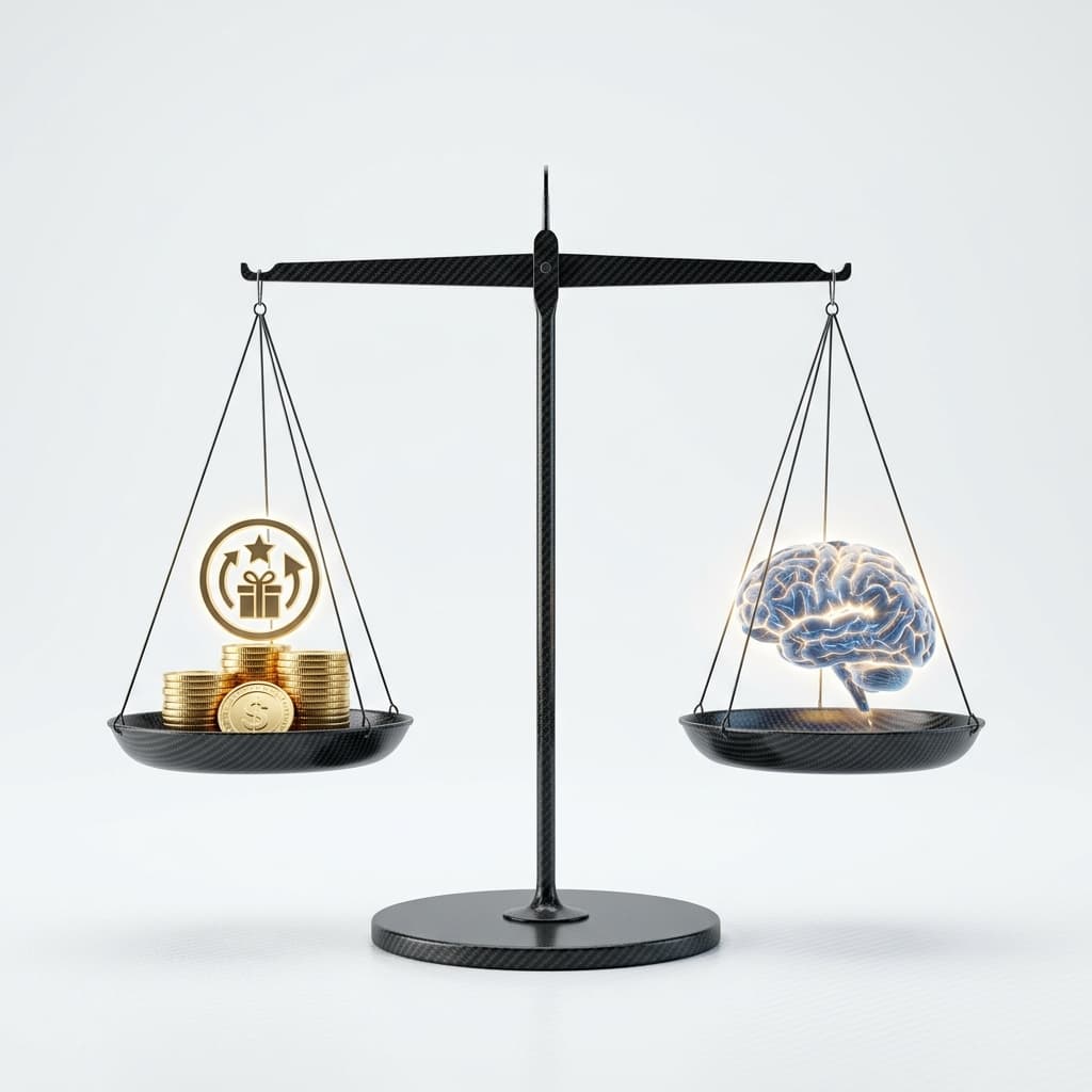 A minimalist set of scales made of carbon fiber. On one scale sits golden coins and Perks; on the other, a glowing human brain.