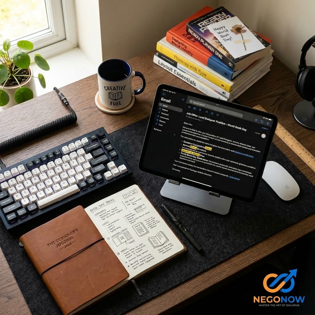 A high-res, top-down view of a designer's desk on World Book Day.