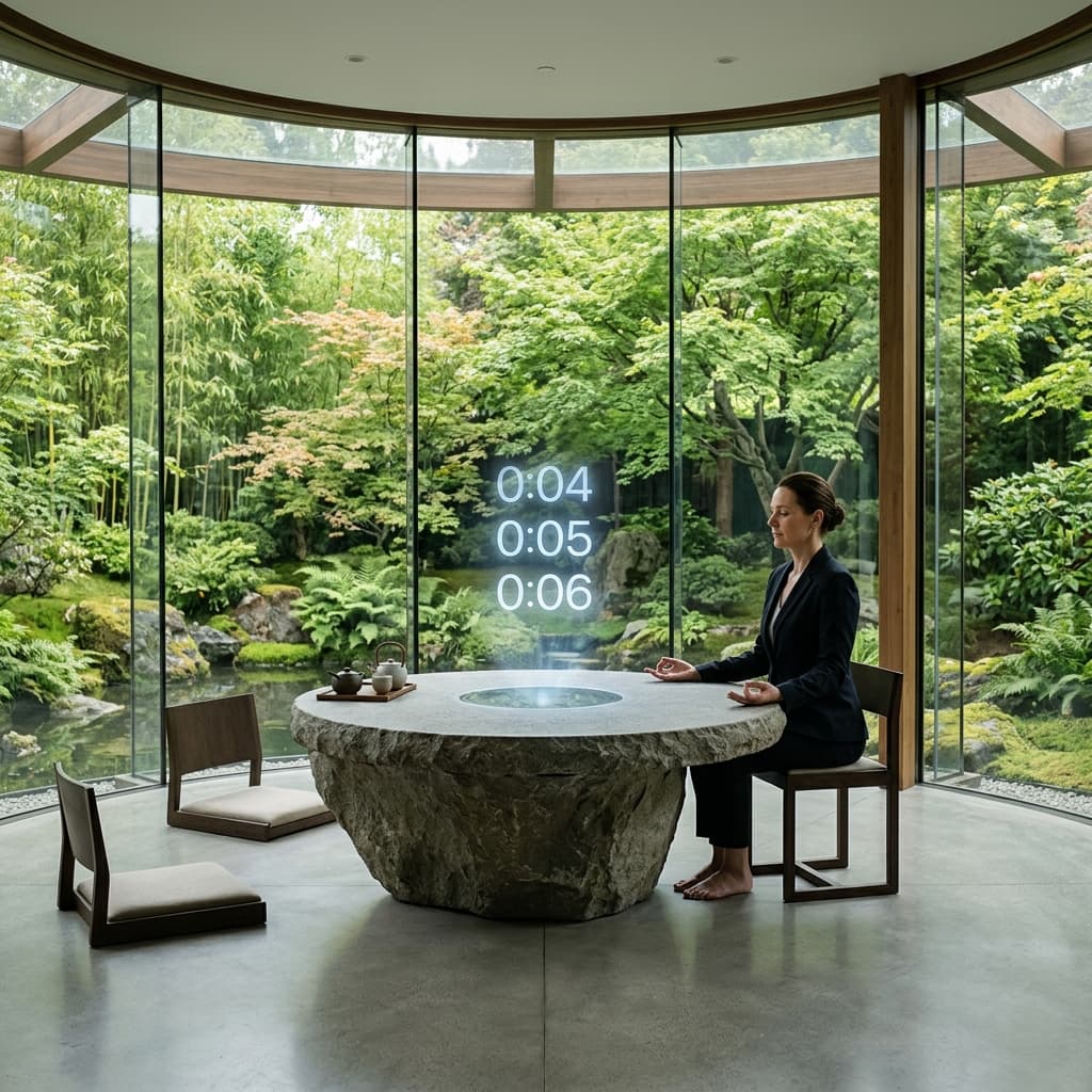 An artistic representation of a 'Zen' boardroom. A single professional sits in a meditative yet authoritative posture. Above the table, a holographic timer counts 0:04, 0:05, 0:06.
