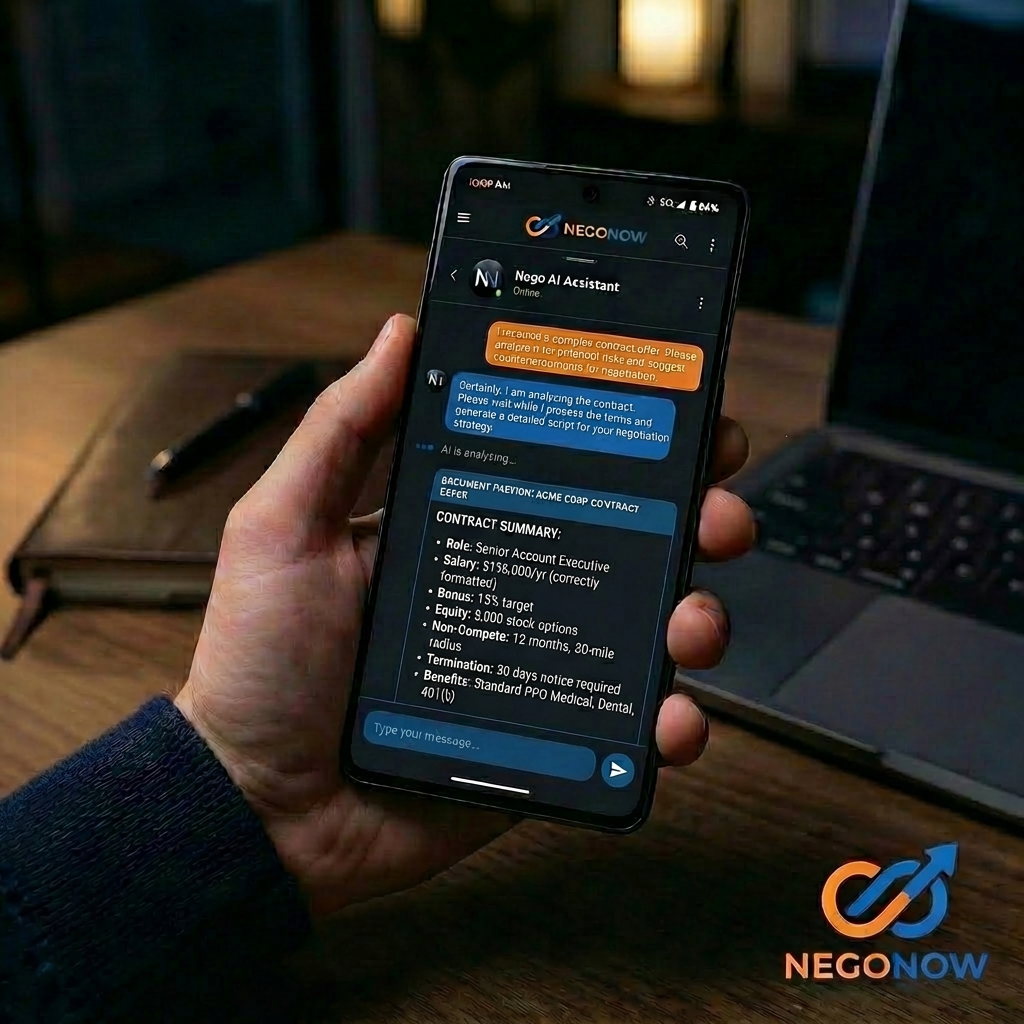 A realistic close-up of a hand holding a modern smartphone. The screen shows the NegoNow app interface, featuring an AI chat assistant message: 'Generating your custom negotiation script...'.