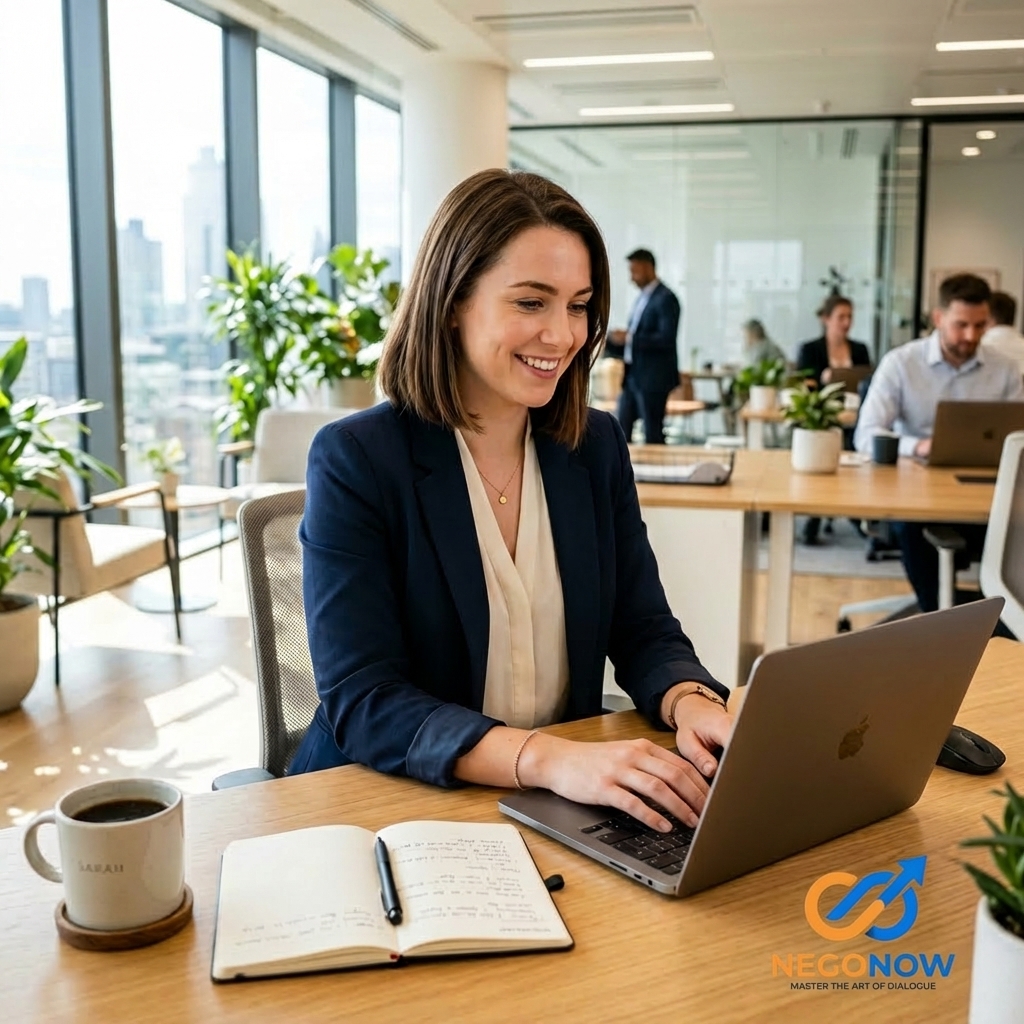 High-quality, professional photo of a young professional in a bright, modern office, looking confidently at a sleek laptop screen while typing an email.