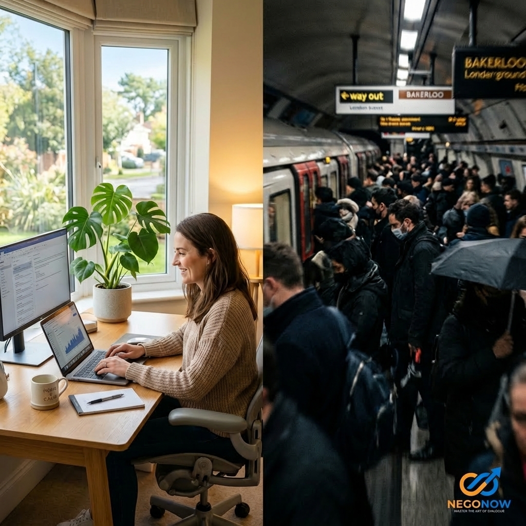 A high-quality lifestyle photograph of a professional working from a sunlit, ergonomic home office. One side of the split-screen shows a peaceful home environment with a plant and a window view, while the other side subtly fades into a blurred, chaotic city commute. The image symbolizes the peace found in flexibility.