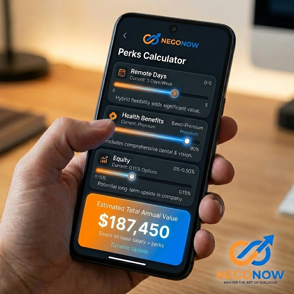 A close-up of a smartphone screen displaying the NegoNow app's 'Perks Calculator' feature. The UI shows sliders for 'Remote Days,' 'Health Benefits,' and 'Equity,' with a dynamic 'Total Value' number at the bottom that updates in real-time as the sliders move. The design is sleek, dark-themed, and futuristic.