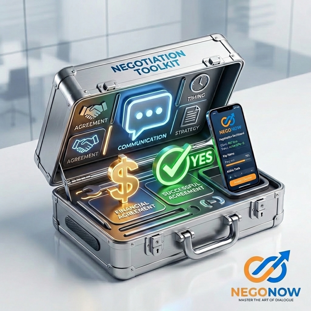 A conceptual 3D illustration of a 'Negotiation Toolkit.' A sleek metallic toolbox containing glowing icons like a speech bubble, a gold dollar sign, a 'Yes' checkmark, and a smartphone displaying a modern app interface.