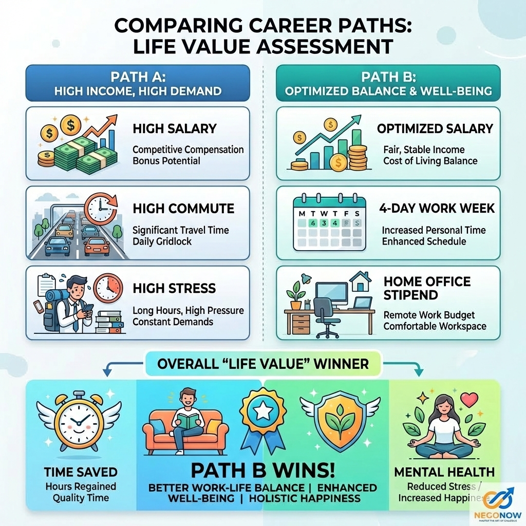 A clean, minimalist infographic comparing two career paths. Path A: High Salary + High Commute + High Stress. Path B: Optimized Salary + 4-Day Work Week + Home Office Stipend. Bright icons represent 'Time Saved' and 'Mental Health,' showing Path B as the winner in overall 'Life Value.'